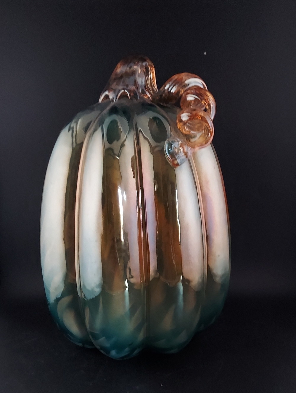 Vintage Blue-Green and Amber Art Glass Pumpkin